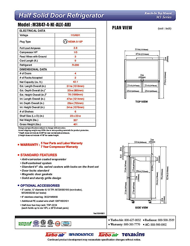 Turbo Air M3R47-4-N 51 3/4" Two Section Reach In Refrigerator, (4) Left/Right Hinge Solid Doors, 115v - Donut-Equipment.com