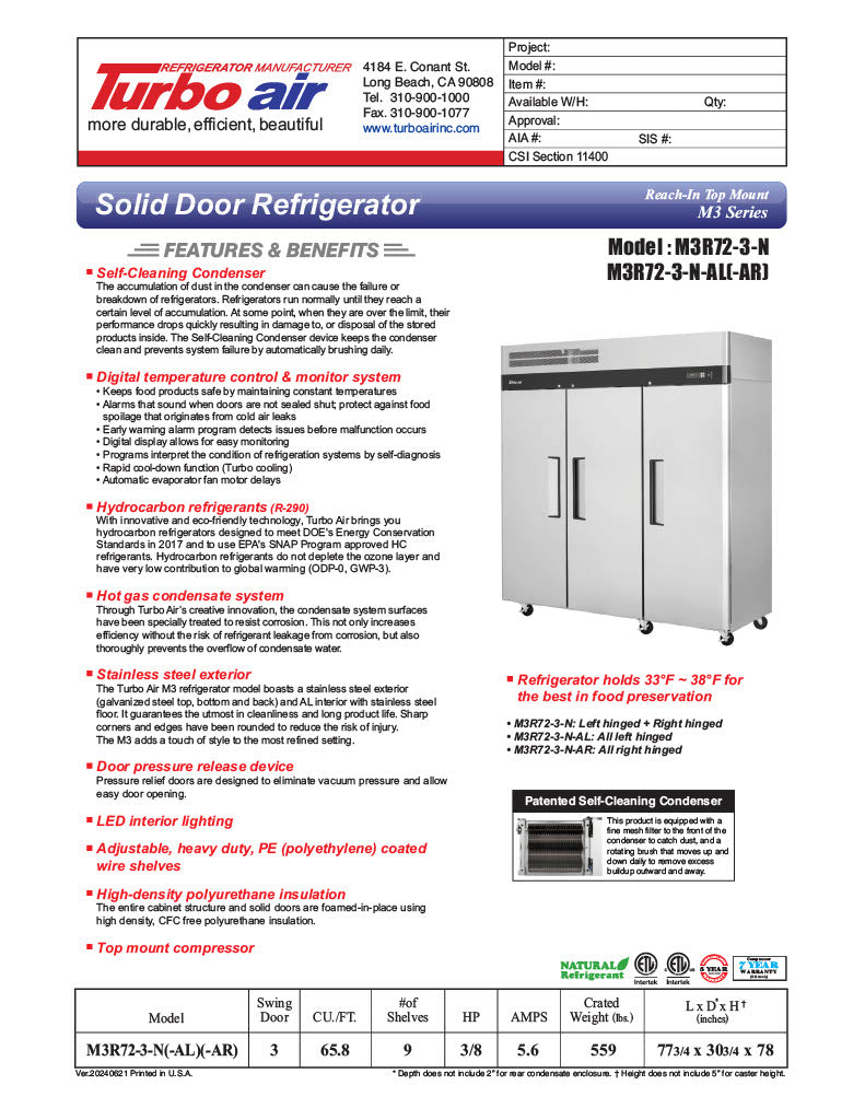 Turbo Air M3R72-3-N M3 Series 78" Solid Door Stainless Steel Reach-In Refrigerator - Bakery Wholesalers