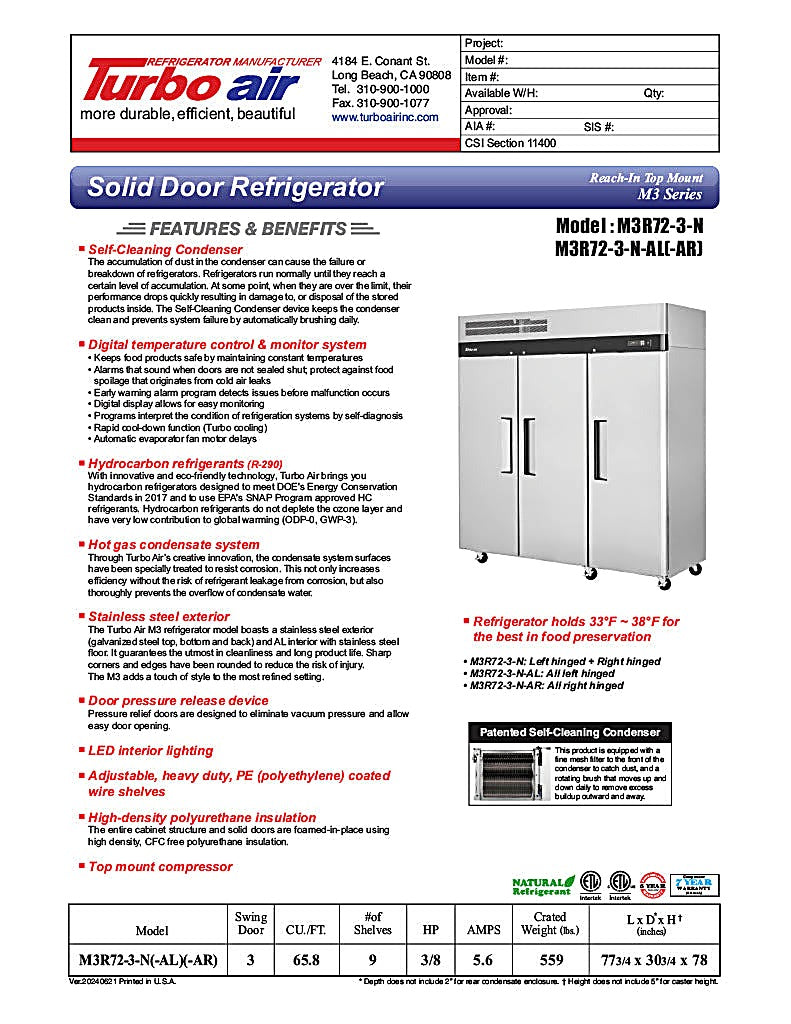 Turbo Air M3R72-3-N M3 Series 78" Solid Door Stainless Steel Reach-In Refrigerator - Bakery Wholesalers