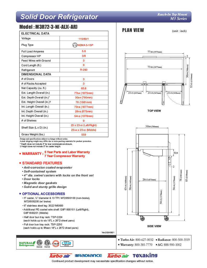 Turbo Air M3R72-3-N M3 Series 78" Solid Door Stainless Steel Reach-In Refrigerator - Bakery Wholesalers