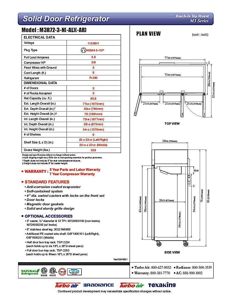 Turbo Air M3R72-3-N M3 Series 78" Solid Door Stainless Steel Reach-In Refrigerator - Bakery Wholesalers