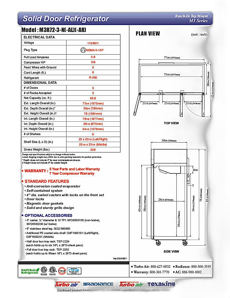 Turbo Air M3R72-3-N M3 Series 78" Solid Door Stainless Steel Reach-In Refrigerator - Bakery Wholesalers