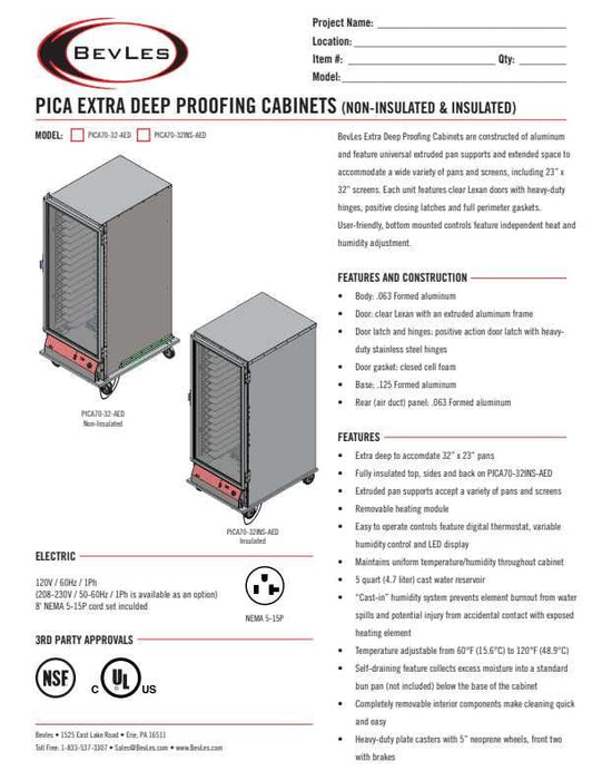 Bevles Model: PICA70-32-AED-4R1 Extra Deep (230V) Right Hand Hinge (single Door) Proofing Cabinet (Non-insulated)