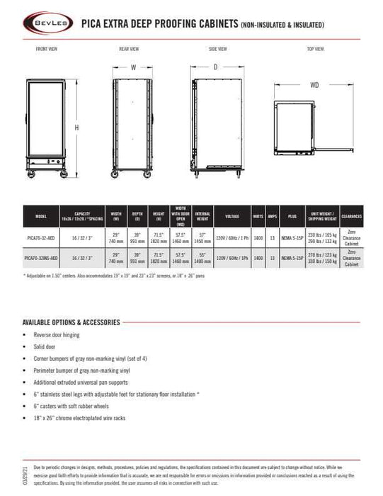 Bevles (Insulated) Extra Deep Proof-Box Model: PICA70-32INS-AED-1L2 (115V) Left Hinged 2 Door Proofing Cabinet (Insulated)