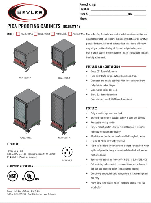 Bevles Proof-box Model: PICA70-32-A-4R1 (Right Hand Hinge Single Door) Proofing Cabinet - 208-230V 1 phase (Insulated)