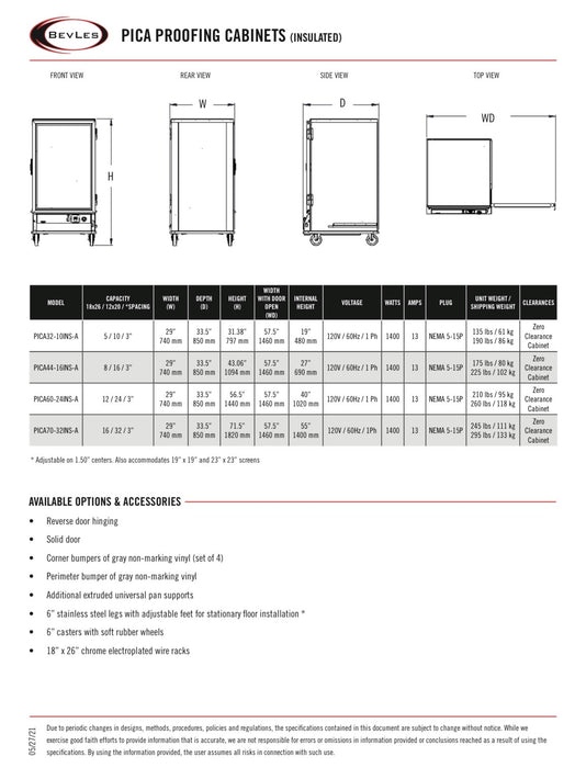 Bevles Proof-box Model: PICA70-32-A-4R1 (Right Hand Hinge Single Door) Proofing Cabinet - 208-230V 1 phase (Insulated)