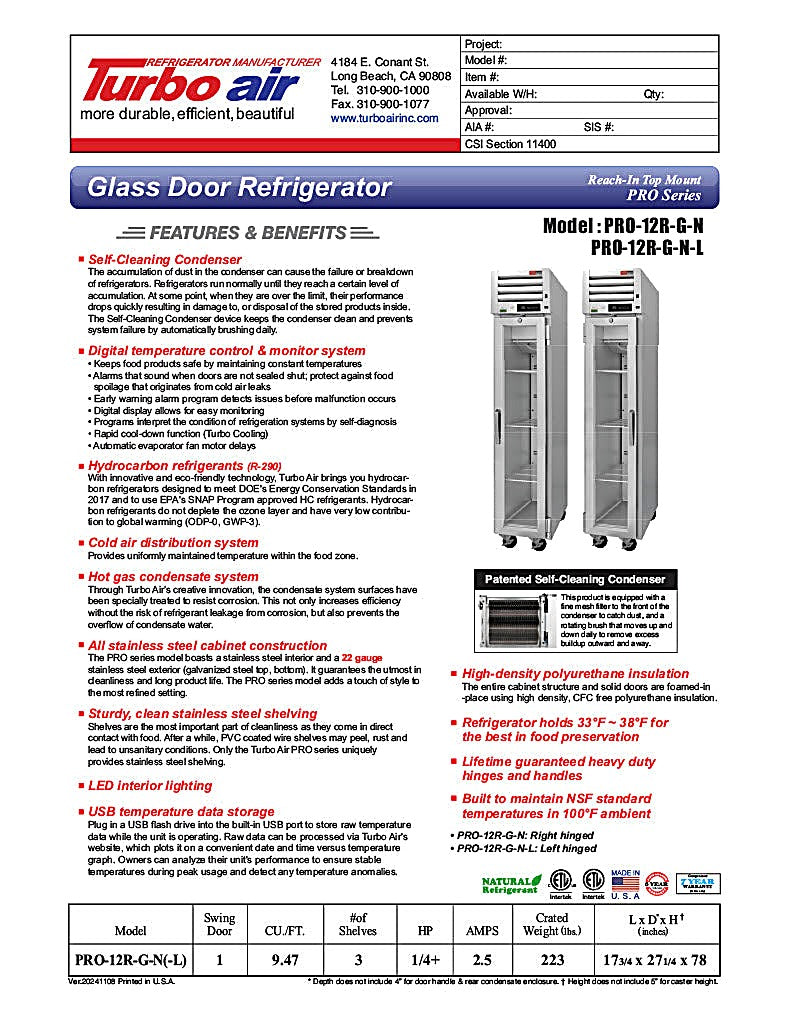 Turbo Air PRO-15R-G-N(-L) 13.34 Cu. Ft. Reach-In One-Section PRO Series Refrigerator - 115 Volts - Donut-Equipment.com