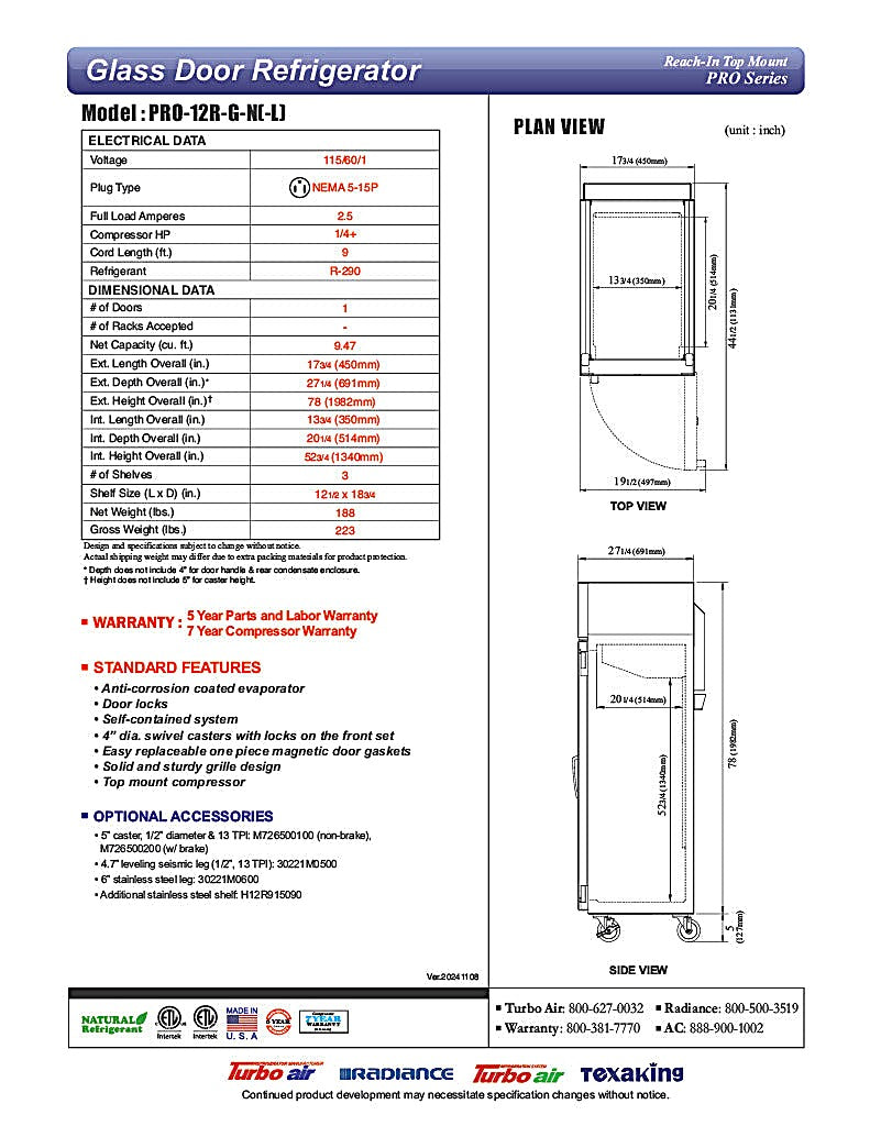 Turbo Air - PRO-12R-G-N, Commercial 18" 1 Glass Door Reach-in Refrigerator PRO Series 9.5 cu.ft. - Donut-Equipment.com