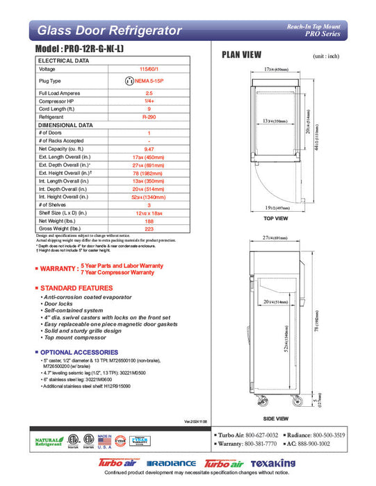 Turbo Air - PRO-12R-G-N, Commercial 18" 1 Glass Door Reach-in Refrigerator PRO Series 9.5 cu.ft. - Donut-Equipment.com