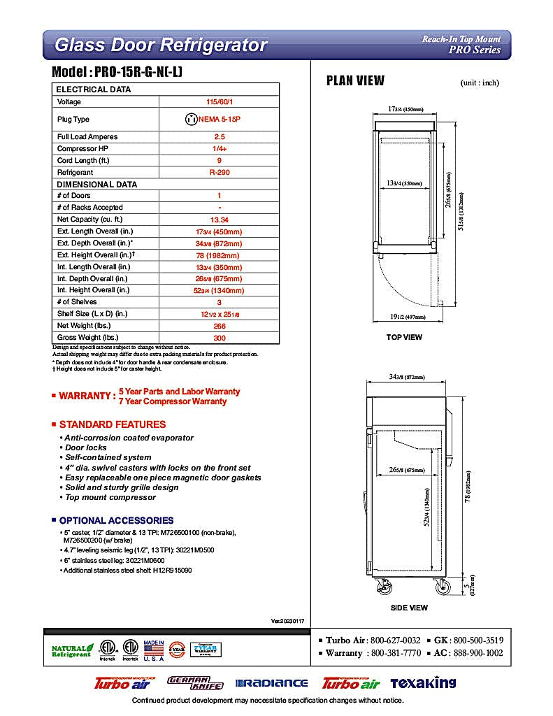 Turbo Air PRO-15R-G-N(-L) 13.34 Cu. Ft. Reach-In One-Section PRO Series Refrigerator - 115 Volts - Donut-Equipment.com