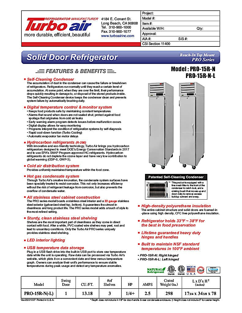 Turbo Air PRO-15R-N 17 3/4" One Section Reach In Refrigerator - (1) Right Hinge Solid Door, 115v - Donut-Equipment.com