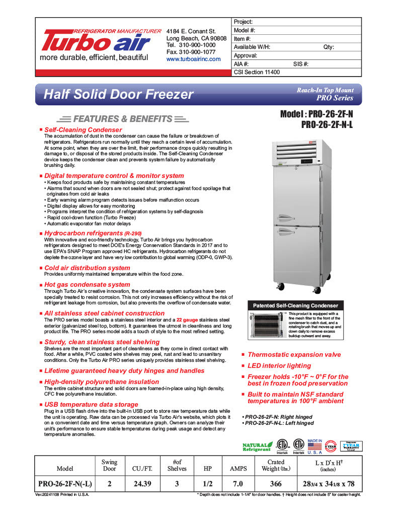 Turbo Air PRO-26-2F-N 29" Premiere Pro Series Solid Half Door Reach in Freezer - Donut-Equipment.com
