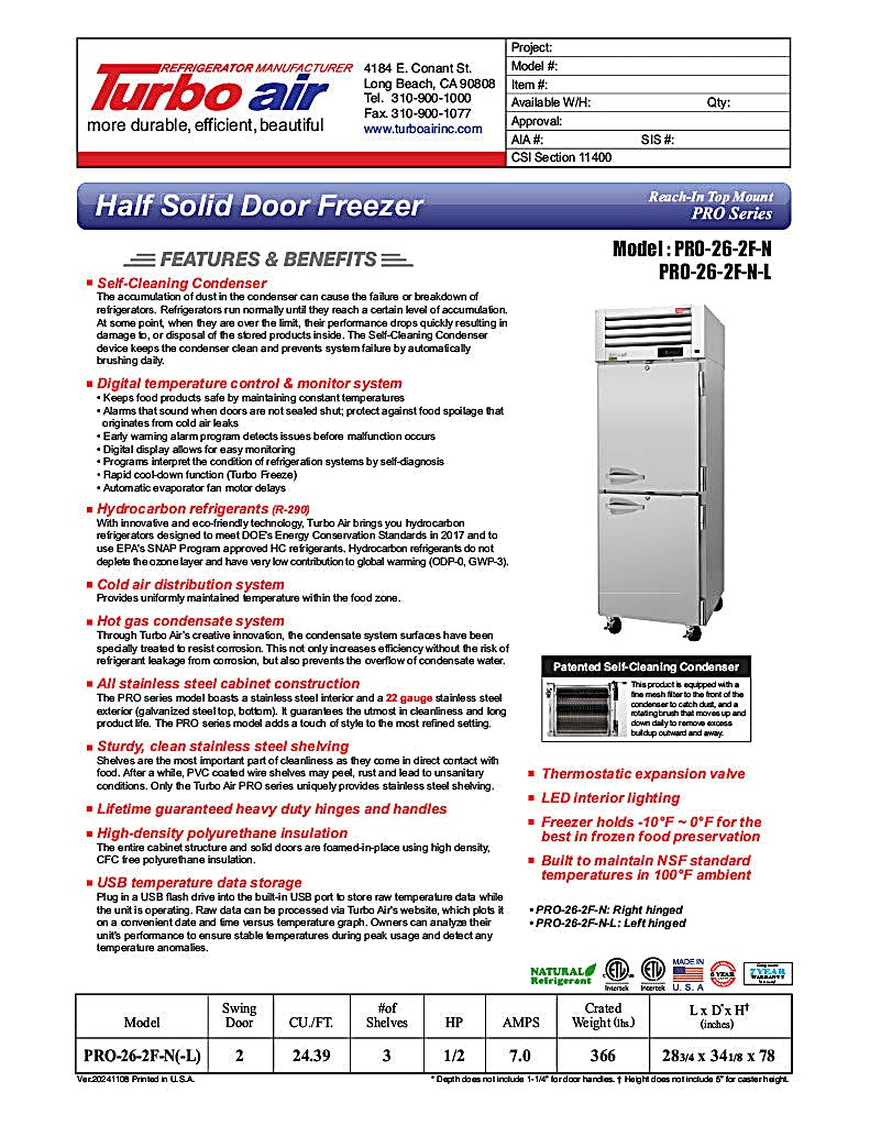 Turbo Air PRO-26-2F-N 29" Premiere Pro Series Solid Half Door Reach in Freezer - Donut-Equipment.com