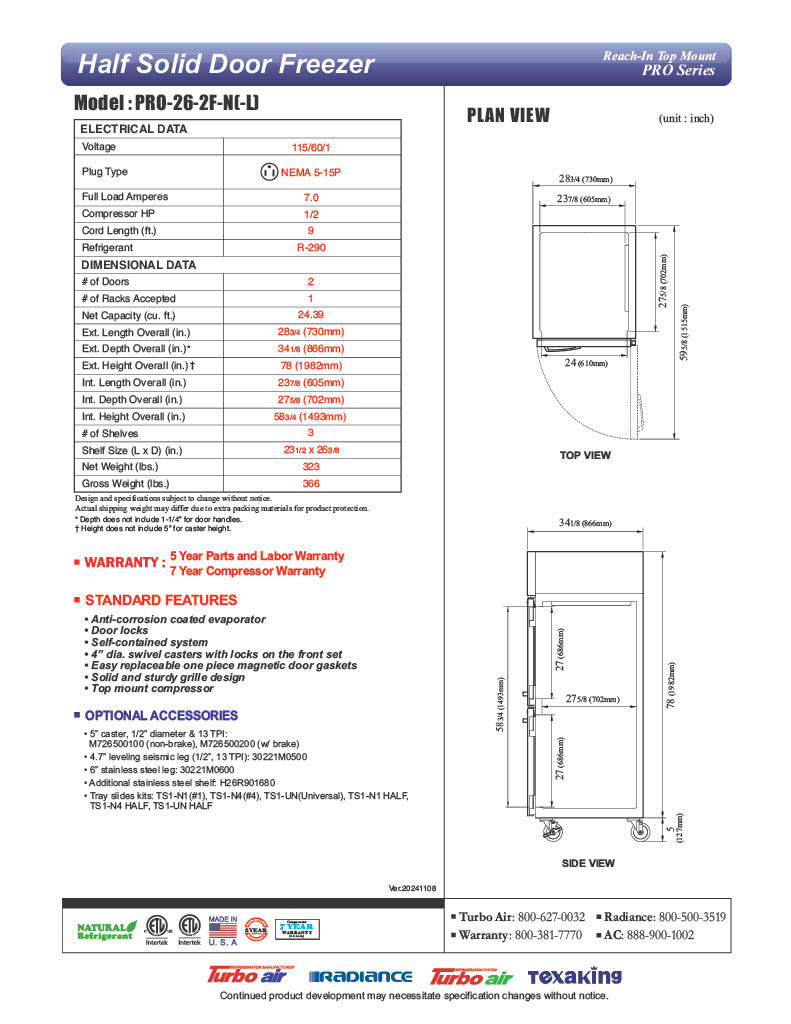 Turbo Air PRO-26-2F-N 29" Premiere Pro Series Solid Half Door Reach in Freezer - Donut-Equipment.com