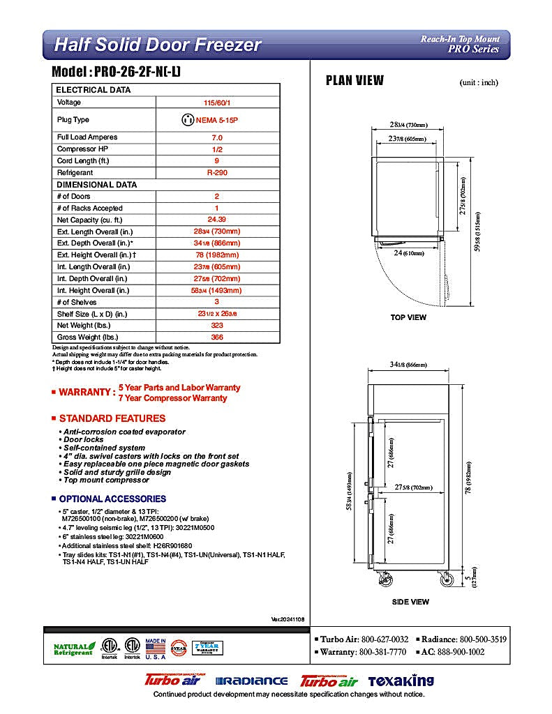 Turbo Air PRO-26-2F-N 29" Premiere Pro Series Solid Half Door Reach in Freezer - Donut-Equipment.com