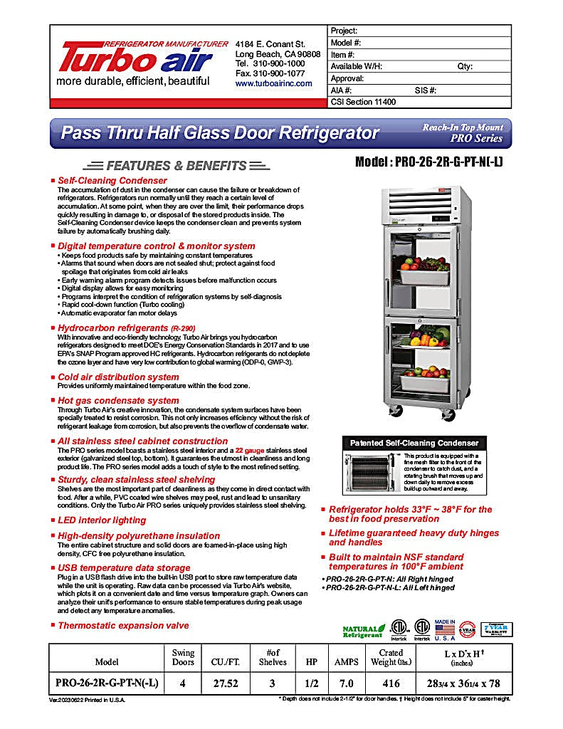 Turbo Air PRO-26-2R-G-PT-N 28 3/4" One Section Pass Thru Refrigerator, (4) Right Hinge Glass Doors, 115v - Donut-Equipment.com