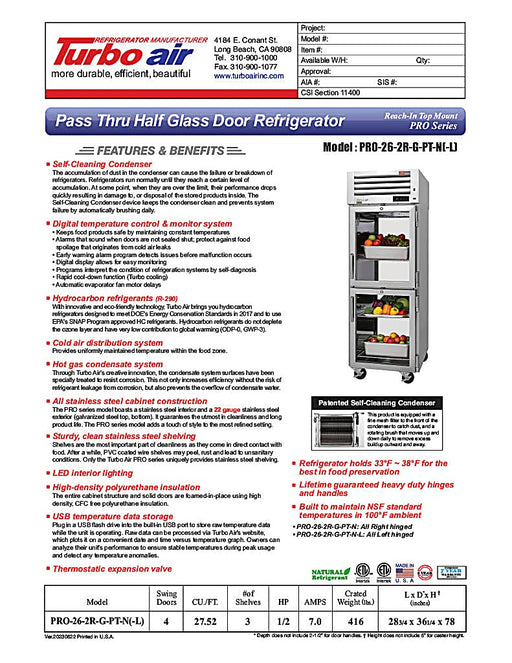 Turbo Air PRO-26-2R-G-PT-N 28 3/4" One Section Pass Thru Refrigerator, (4) Right Hinge Glass Doors, 115v - Donut-Equipment.com