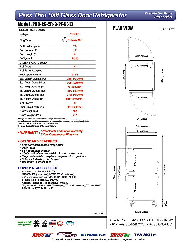 Turbo Air PRO-26-2R-G-PT-N 28 3/4" One Section Pass Thru Refrigerator, (4) Right Hinge Glass Doors, 115v - Donut-Equipment.com