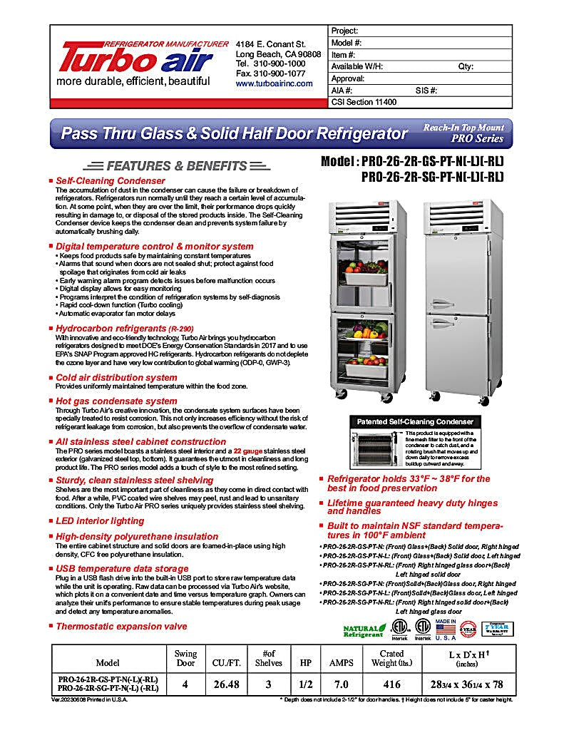 Turbo Air PRO-26-2R-GS-PT-N 28 3/4" One Section Pass Thru Refrigerator, (2) Glass Doors, (2) Solid Doors, Right Hinge, 115v - Donut-Equipment.com