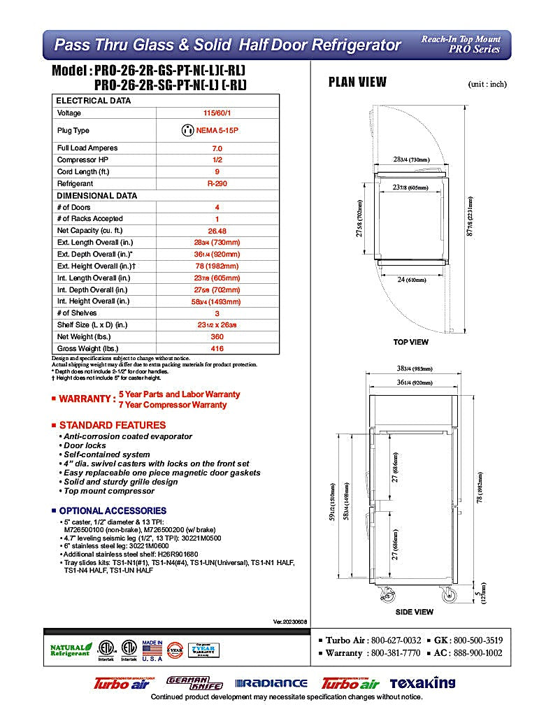 Turbo Air PRO-26-2R-GS-PT-N 28 3/4" One Section Pass Thru Refrigerator, (2) Glass Doors, (2) Solid Doors, Right Hinge, 115v - Donut-Equipment.com