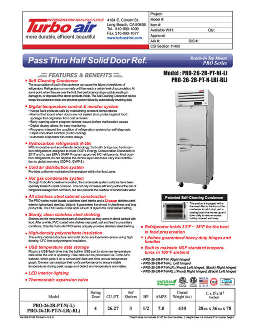 Turbo Air PRO-26-2R-PT-N Pro Series 29" Solid Half Door Pass-Through Refrigerator - Donut-Equipment.com