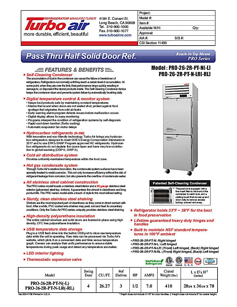 Turbo Air PRO-26-2R-PT-N Pro Series 29" Solid Half Door Pass-Through Refrigerator - Donut-Equipment.com