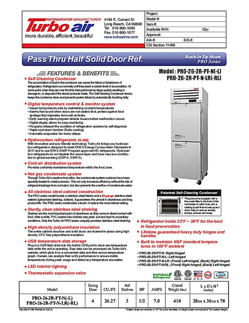 Turbo Air PRO-26-2R-PT-N Pro Series 29" Solid Half Door Pass-Through Refrigerator - Donut-Equipment.com