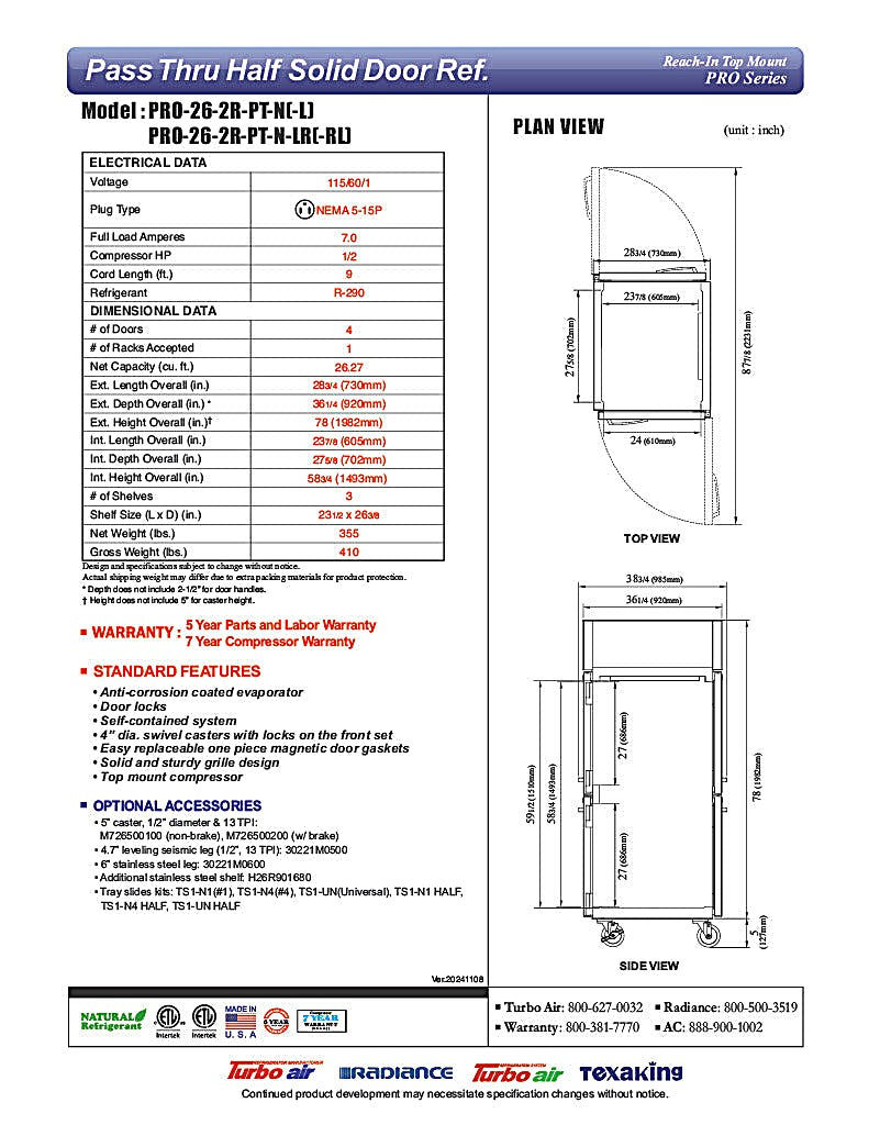Turbo Air PRO-26-2R-PT-N Pro Series 29" Solid Half Door Pass-Through Refrigerator - Donut-Equipment.com
