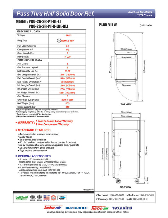 Turbo Air PRO-26-2R-PT-N Pro Series 29" Solid Half Door Pass-Through Refrigerator - Donut-Equipment.com