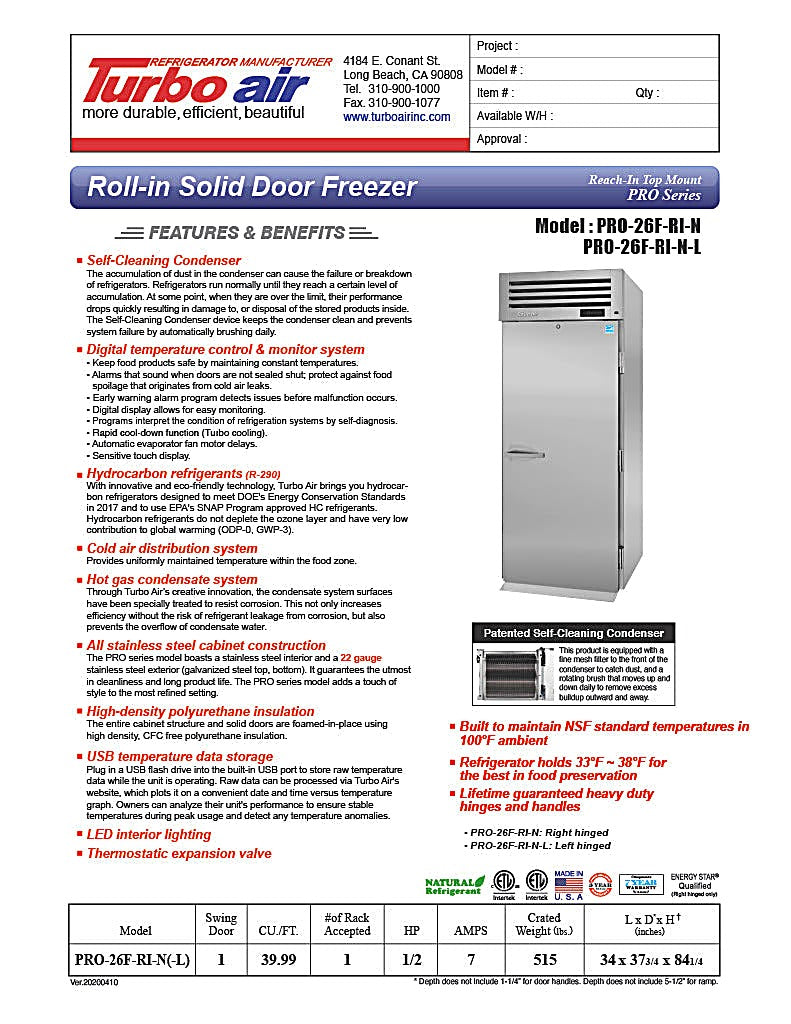Turbo Air PRO-26F-RI-N 35" Premiere Pro Series Solid Door Roll-In Freezer - Bakery Wholesalers