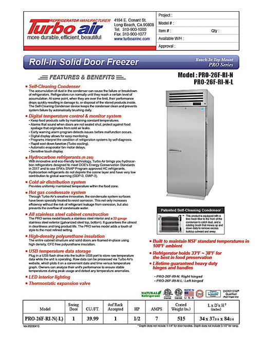 Turbo Air PRO-26F-RI-N 35" Premiere Pro Series Solid Door Roll-In Freezer - Bakery Wholesalers