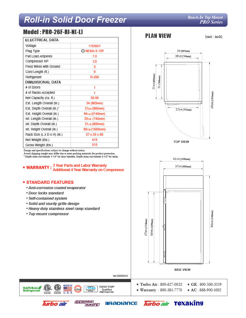 Turbo Air PRO-26F-RI-N 35" Premiere Pro Series Solid Door Roll-In Freezer - Bakery Wholesalers