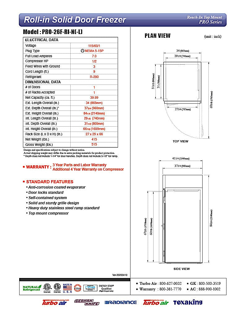 Turbo Air PRO-26F-RI-N 35" Premiere Pro Series Solid Door Roll-In Freezer - Bakery Wholesalers
