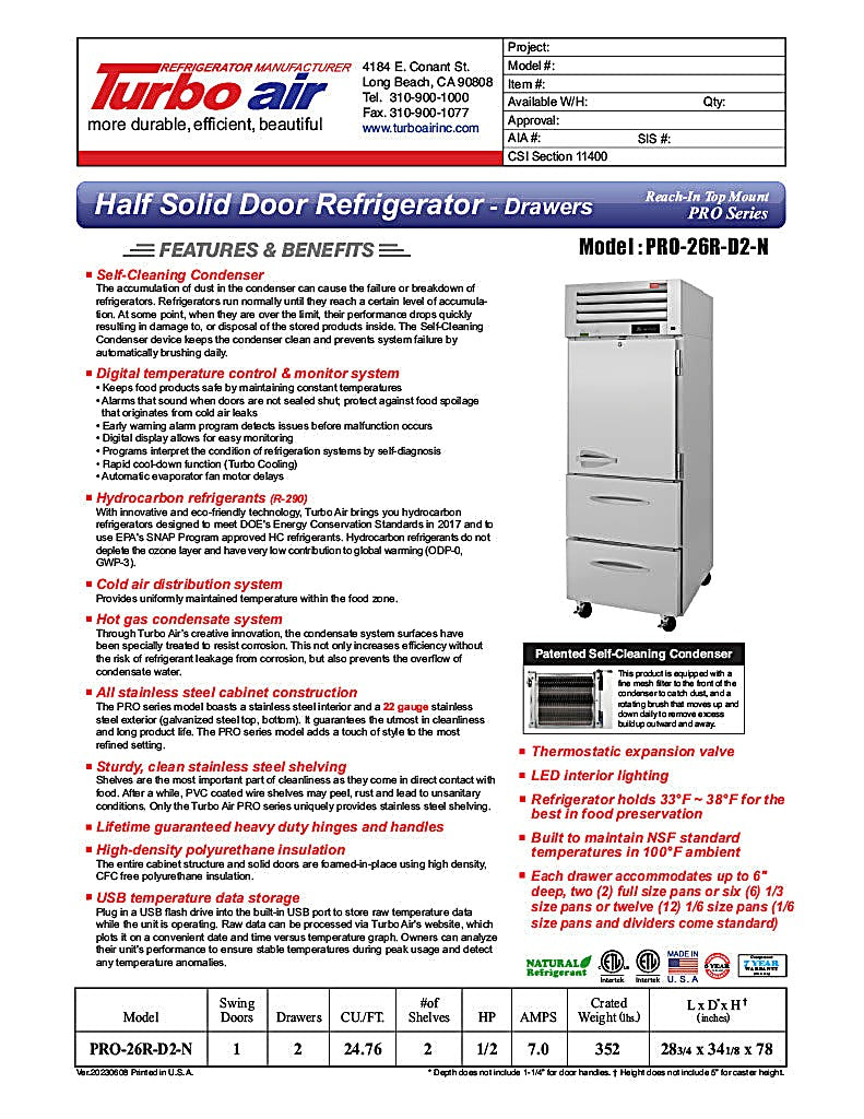 Turbo Air PRO-26R-D2-N 28 3/4" One Section Reach In Refrigerator - (1) Right Hinge Solid Door & (2) Drawers, 115v - Donut-Equipment.com