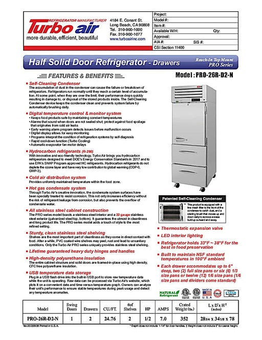 Turbo Air PRO-26R-D2-N 28 3/4" One Section Reach In Refrigerator - (1) Right Hinge Solid Door & (2) Drawers, 115v - Donut-Equipment.com