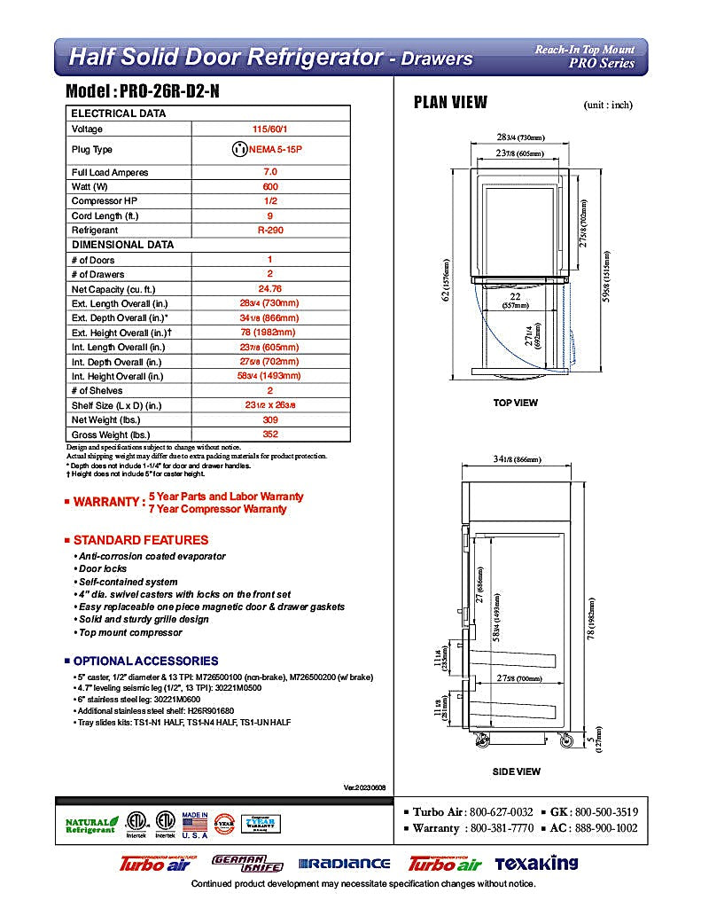 Turbo Air PRO-26R-D2-N 28 3/4" One Section Reach In Refrigerator - (1) Right Hinge Solid Door & (2) Drawers, 115v - Donut-Equipment.com