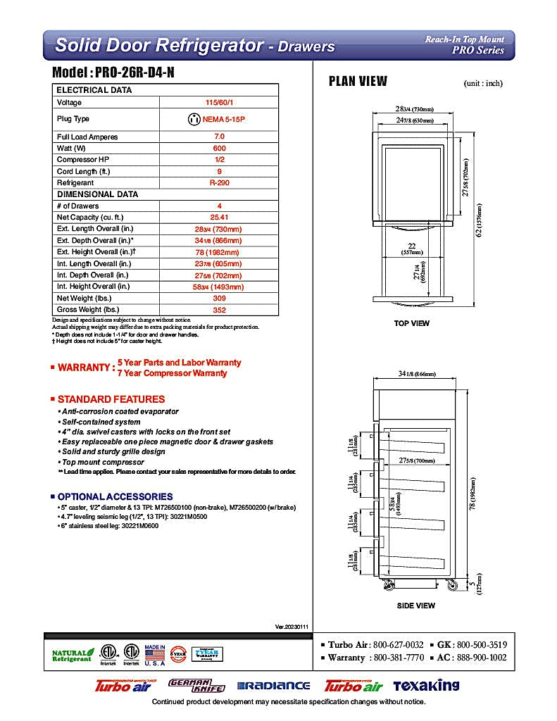 Turbo Air PRO-26R-D4-N, 28 3/4" One Section Reach In Refrigerator - (4) Solid Drawers, 115v - Donut-Equipment.com