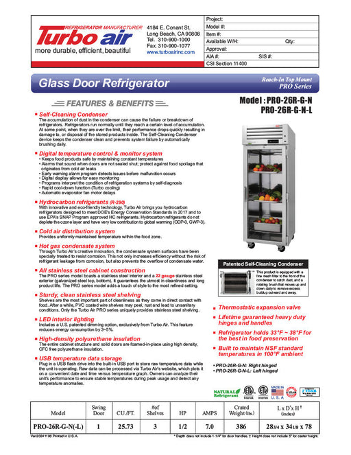 Turbo Air PRO-26R-G-N Single Section Reach-In Top Mount Glass Full Door Refrigerator - Donut-Equipment.com