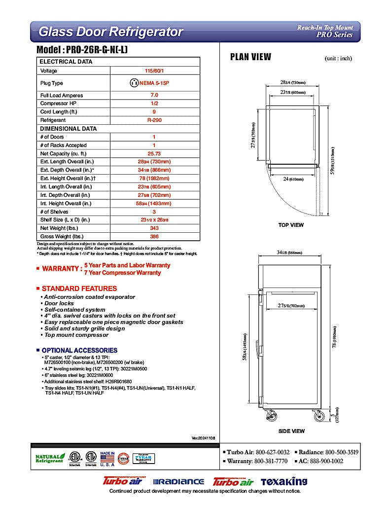 Turbo Air PRO-26R-G-N Single Section Reach-In Top Mount Glass Full Door Refrigerator - Donut-Equipment.com