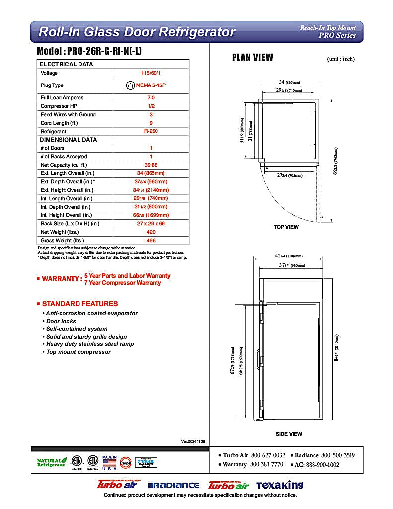 Turbo Air PRO-26R-G-RI-N(-L) PRO Series Refrigerator Roll-in One-section - Donut-Equipment.com