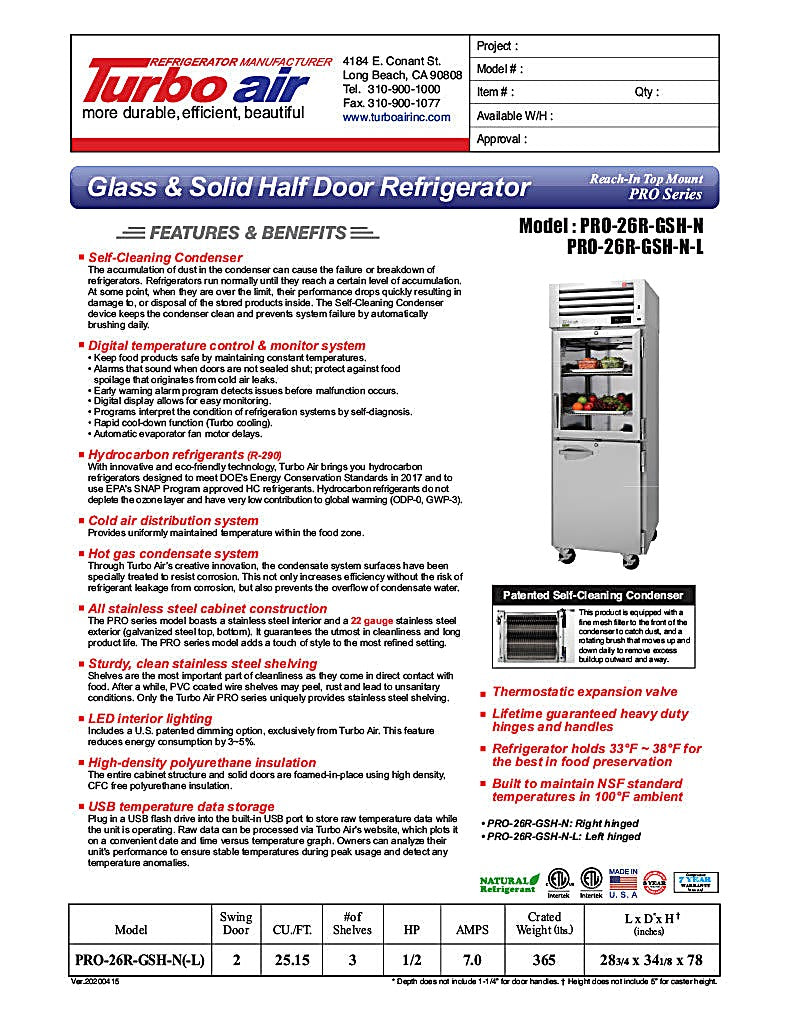 Turbo Air PRO-26R-GSH-N Pro Series 29" Glass / Solid Half Door Reach In Refrigerator - Donut-Equipment.com