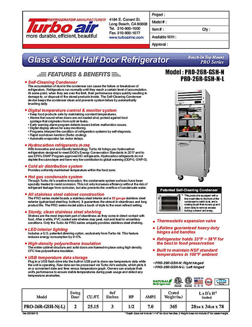 Turbo Air PRO-26R-GSH-N Pro Series 29" Glass / Solid Half Door Reach In Refrigerator - Donut-Equipment.com