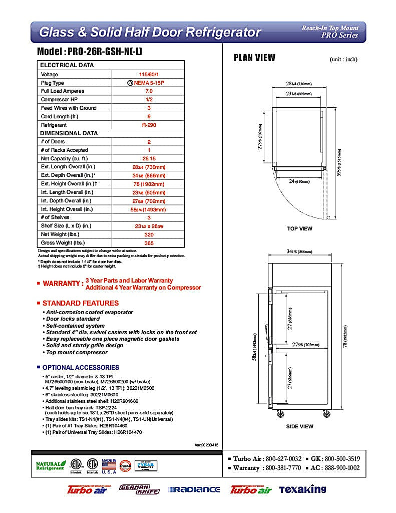 Turbo Air PRO-26R-GSH-N Pro Series 29" Glass / Solid Half Door Reach In Refrigerator - Donut-Equipment.com
