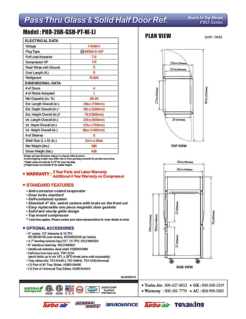 Turbo Air PRO-26R-GSH-PT-N Pro Series 29" Glass / Solid Half Door Pass-Through Refrigerator - Donut-Equipment.com