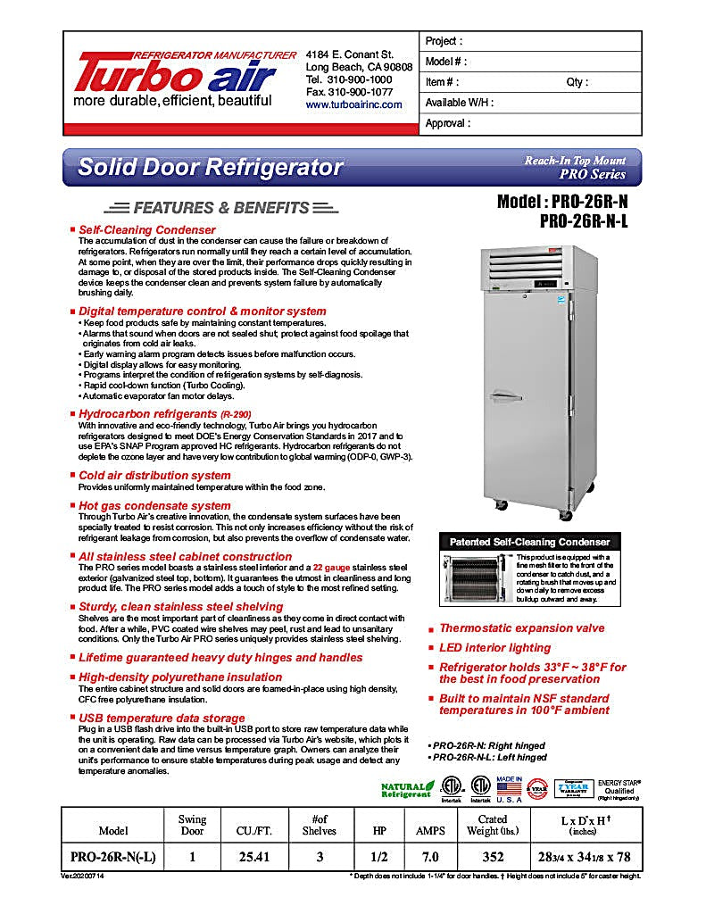 Turbo Air PRO-26R-N 29" Premiere Pro Series Solid Door Reach in Refrigerator - Donut-Equipment.com