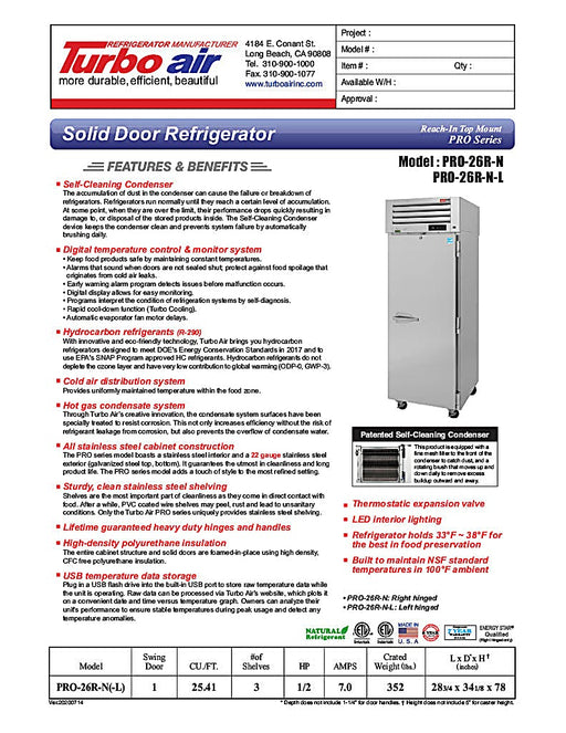 Turbo Air PRO-26R-N 29" Premiere Pro Series Solid Door Reach in Refrigerator - Donut-Equipment.com