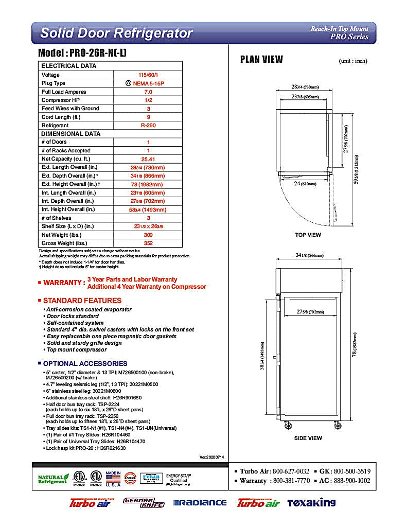 Turbo Air PRO-26R-N 29" Premiere Pro Series Solid Door Reach in Refrigerator - Donut-Equipment.com