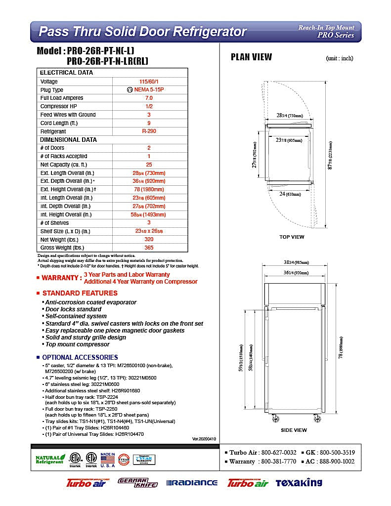 Turbo Air PRO-26R-PT-N 29" Premiere Pro Series Solid Door Pass-Through Refrigerator - Donut-Equipment.com