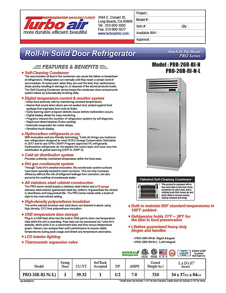 Turbo Air PRO-26R-RI-N 35" Premiere Pro Series Solid Door Roll-In Refrigerator - Donut-Equipment.com