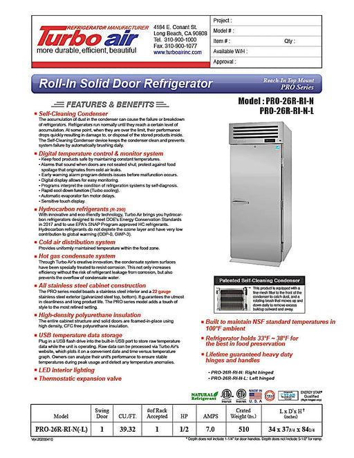 Turbo Air PRO-26R-RI-N 35" Premiere Pro Series Solid Door Roll-In Refrigerator - Donut-Equipment.com